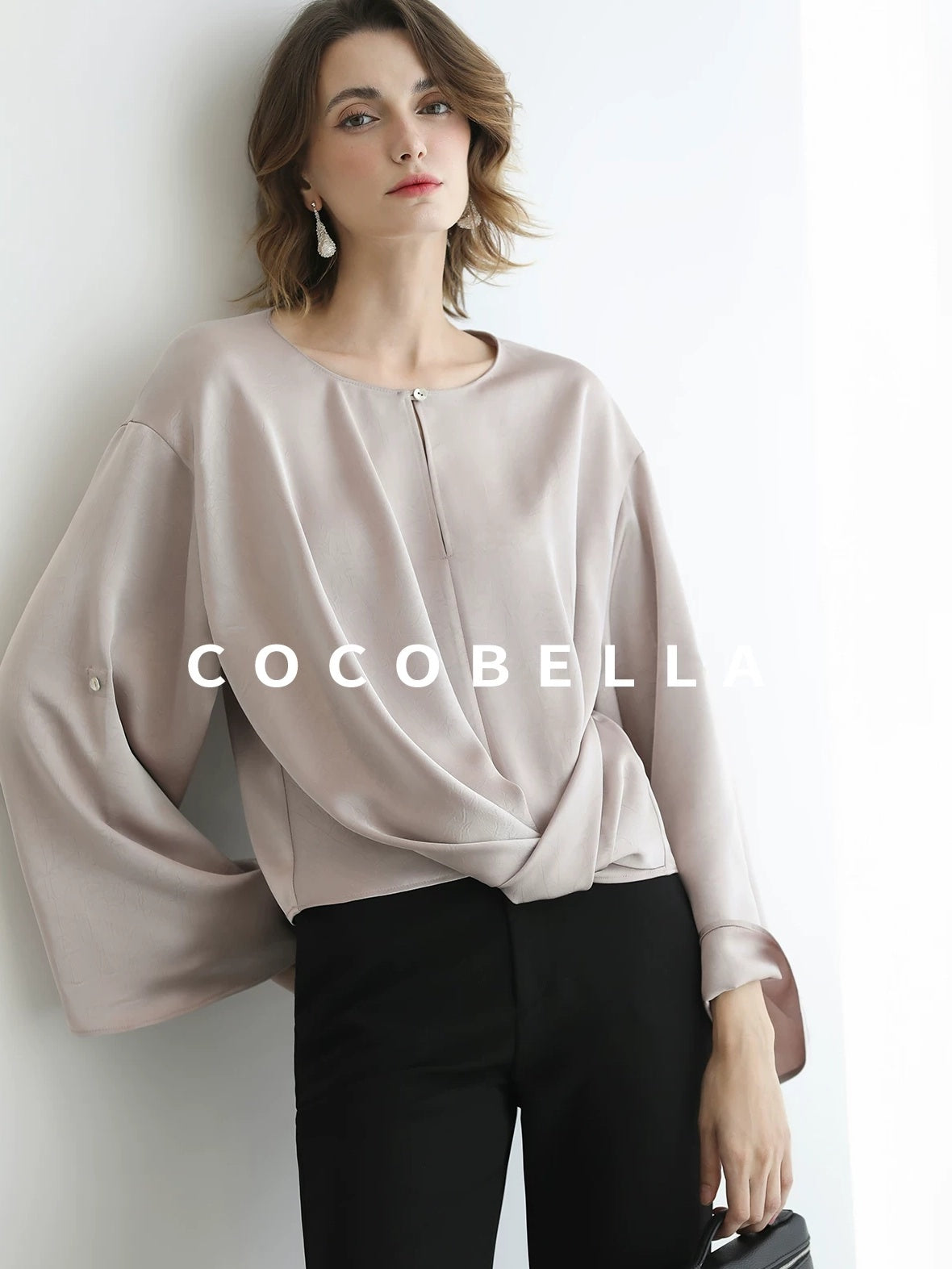 COCOBELLA Monet Pink Relaxed Button Flare Long Sleeve Office Crew Solid Pullover T-Shirts