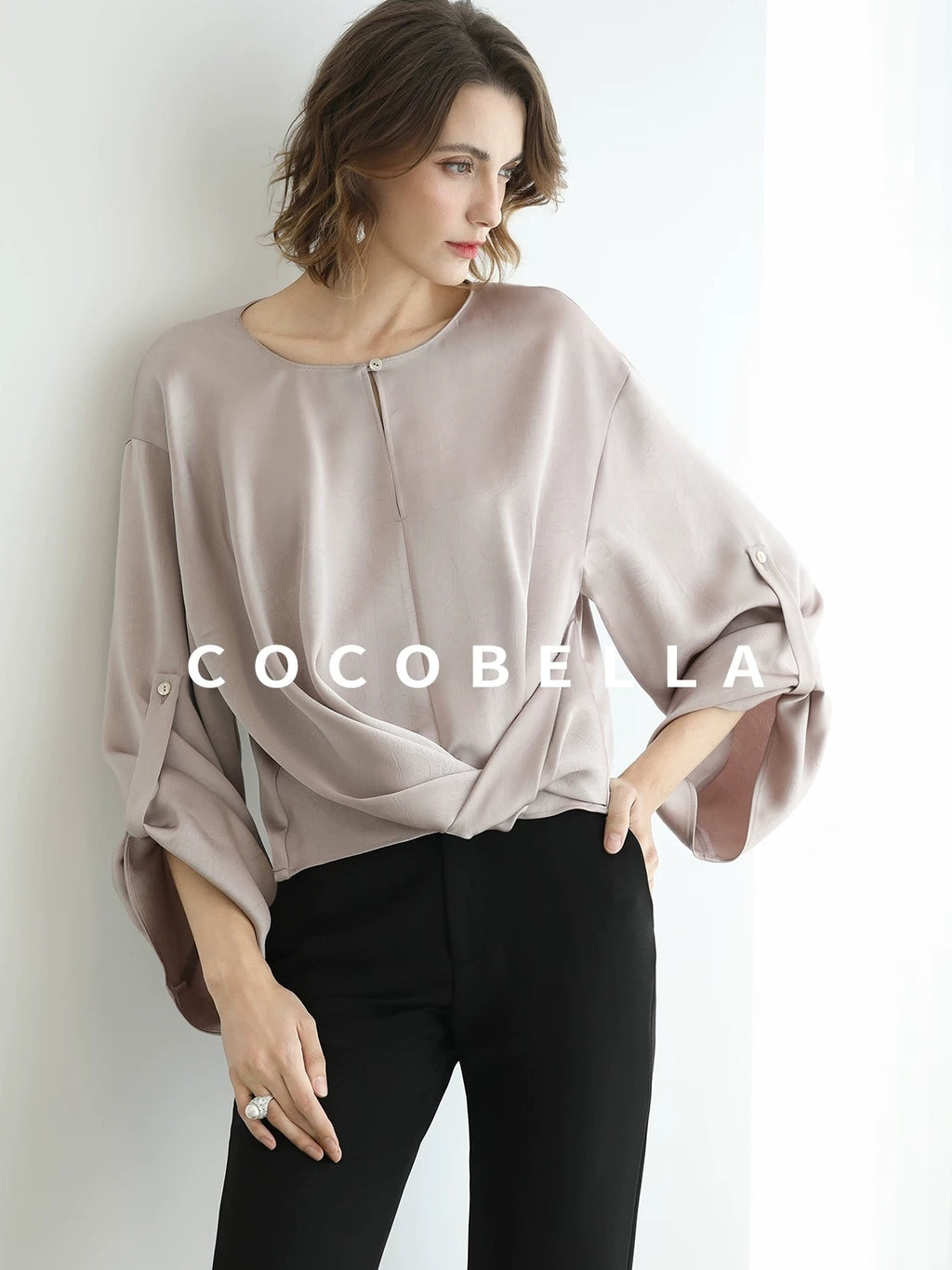 COCOBELLA Monet Pink Relaxed Button Flare Long Sleeve Office Crew Solid Pullover T-Shirts