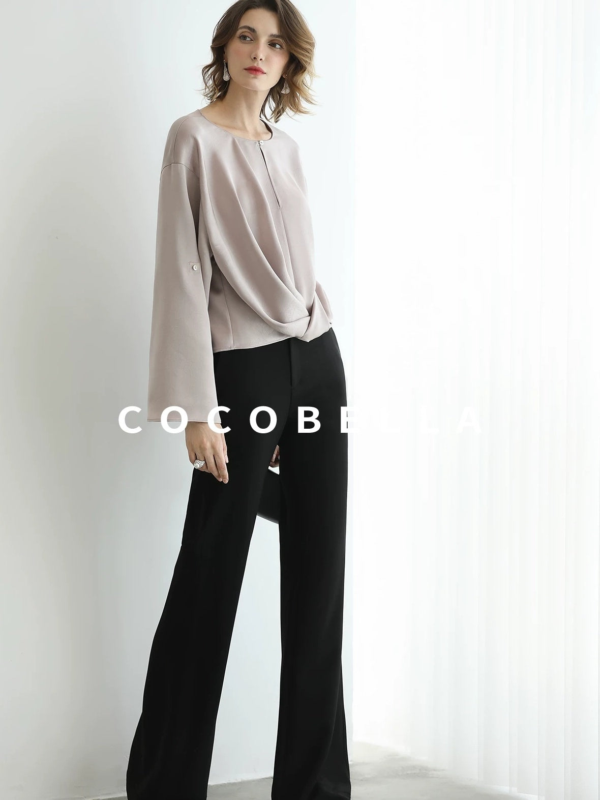 COCOBELLA Monet Pink Relaxed Button Flare Long Sleeve Office Crew Solid Pullover T-Shirts
