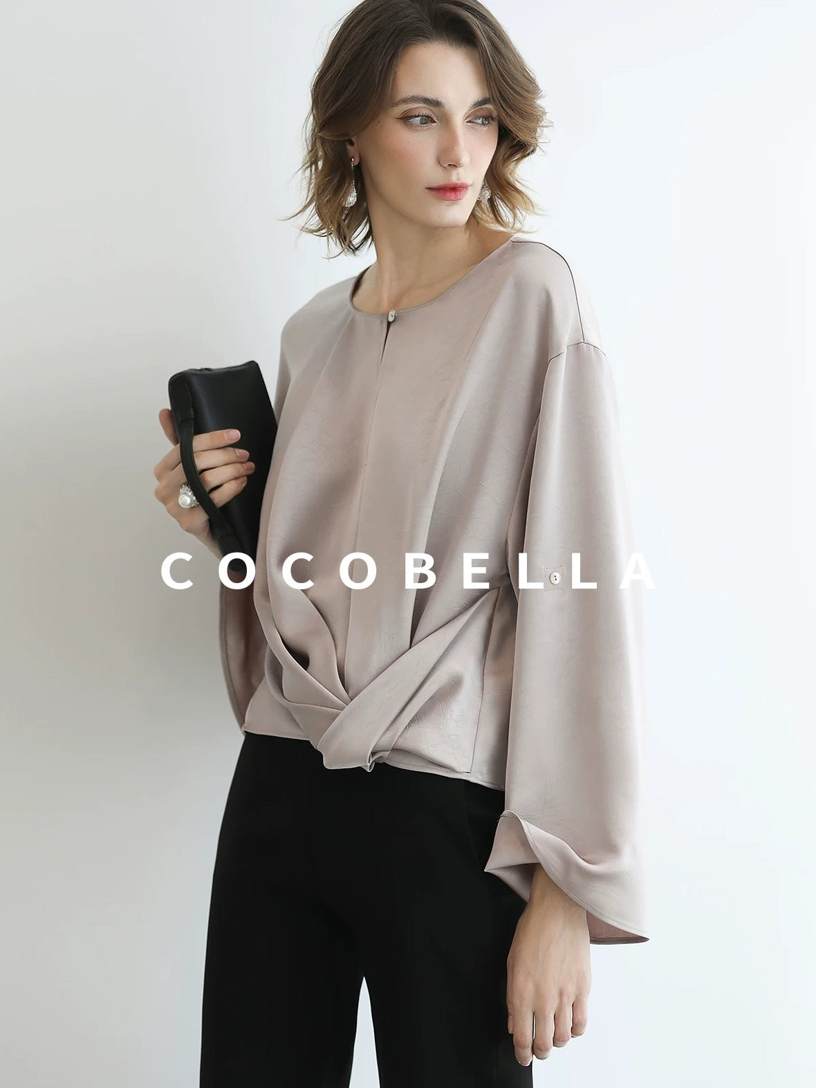 COCOBELLA Monet Pink Relaxed Button Flare Long Sleeve Office Crew Solid Pullover T-Shirts