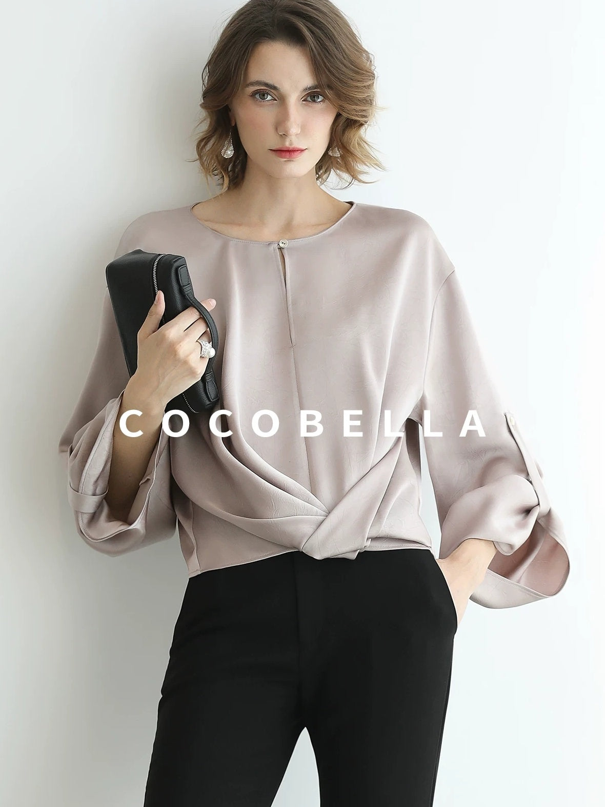 COCOBELLA Monet Pink Relaxed Button Flare Long Sleeve Office Crew Solid Pullover T-Shirts