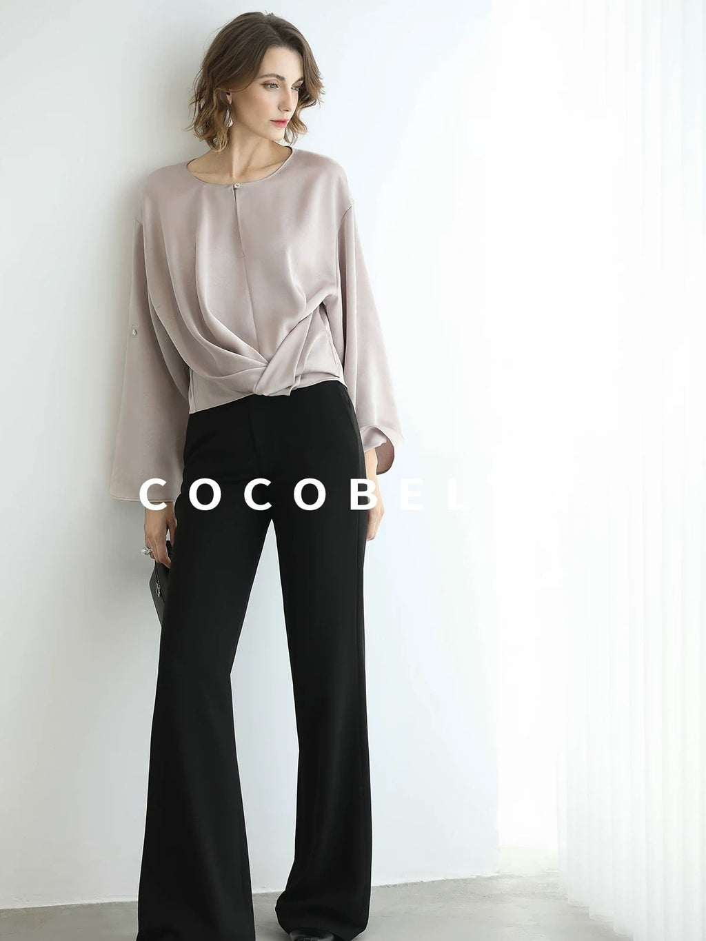 COCOBELLA Monet Pink Relaxed Button Flare Long Sleeve Office Crew Solid Pullover T-Shirts