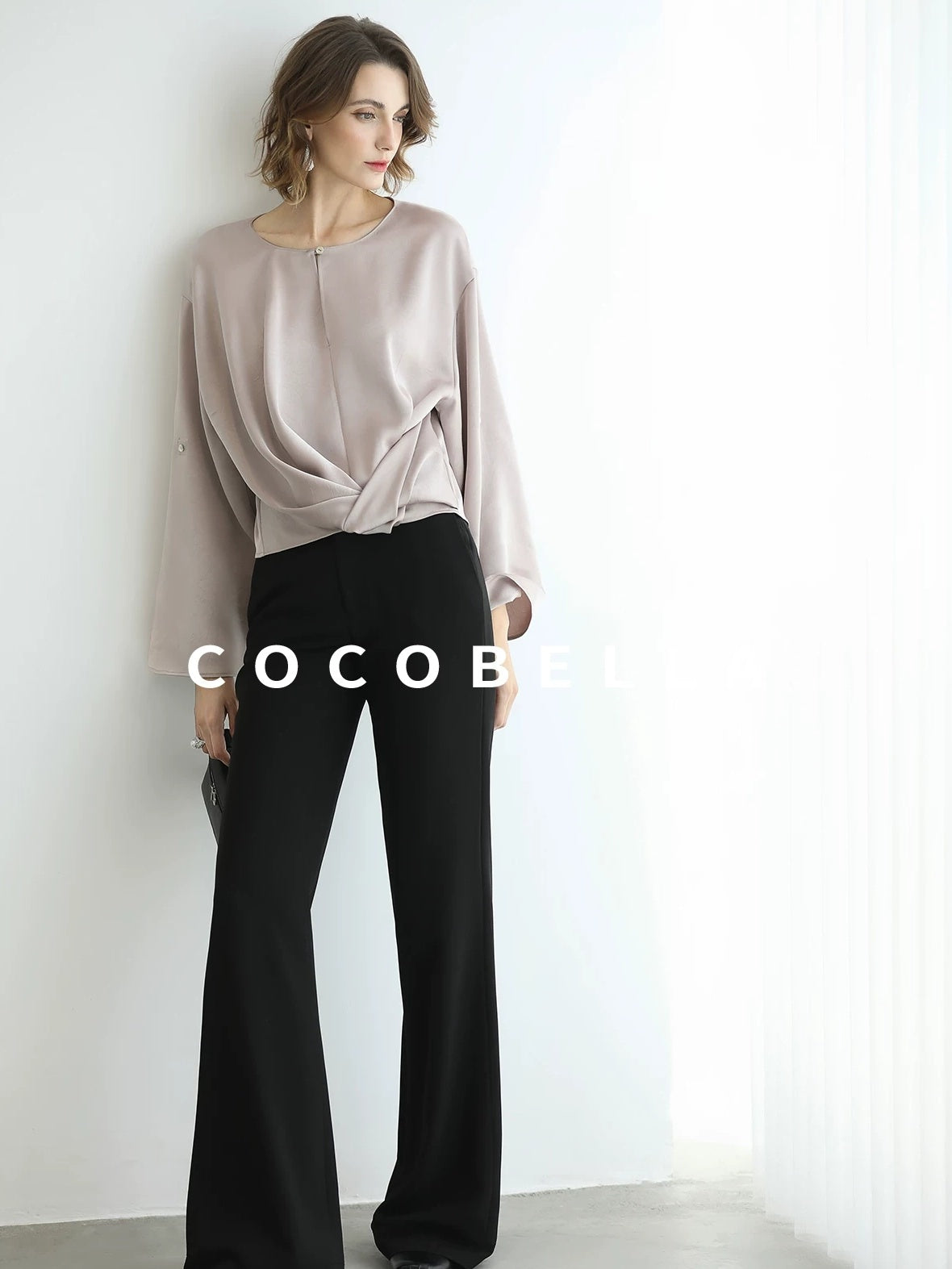 COCOBELLA Monet Pink Relaxed Button Flare Long Sleeve Office Crew Solid Pullover T-Shirts