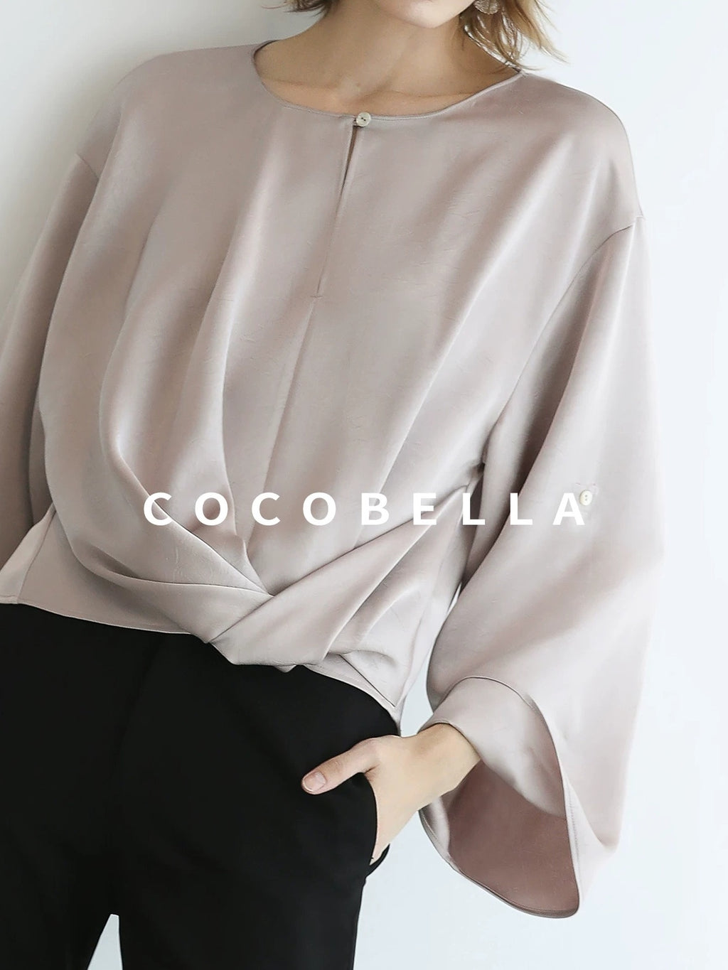 COCOBELLA Monet Pink Relaxed Button Flare Long Sleeve Office Crew Solid Pullover T-Shirts