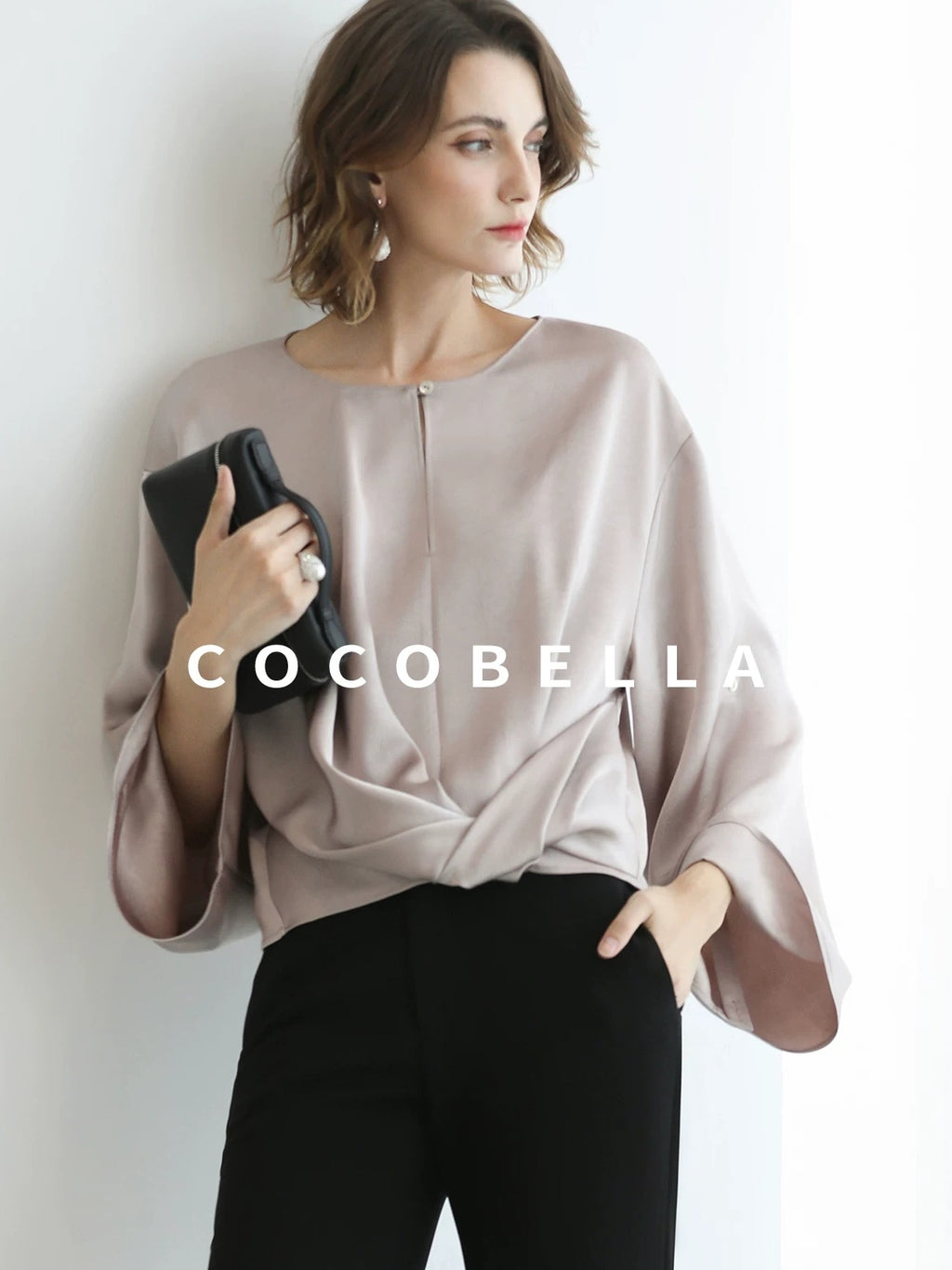 COCOBELLA Monet Pink Relaxed Button Flare Long Sleeve Office Crew Solid Pullover T-Shirts