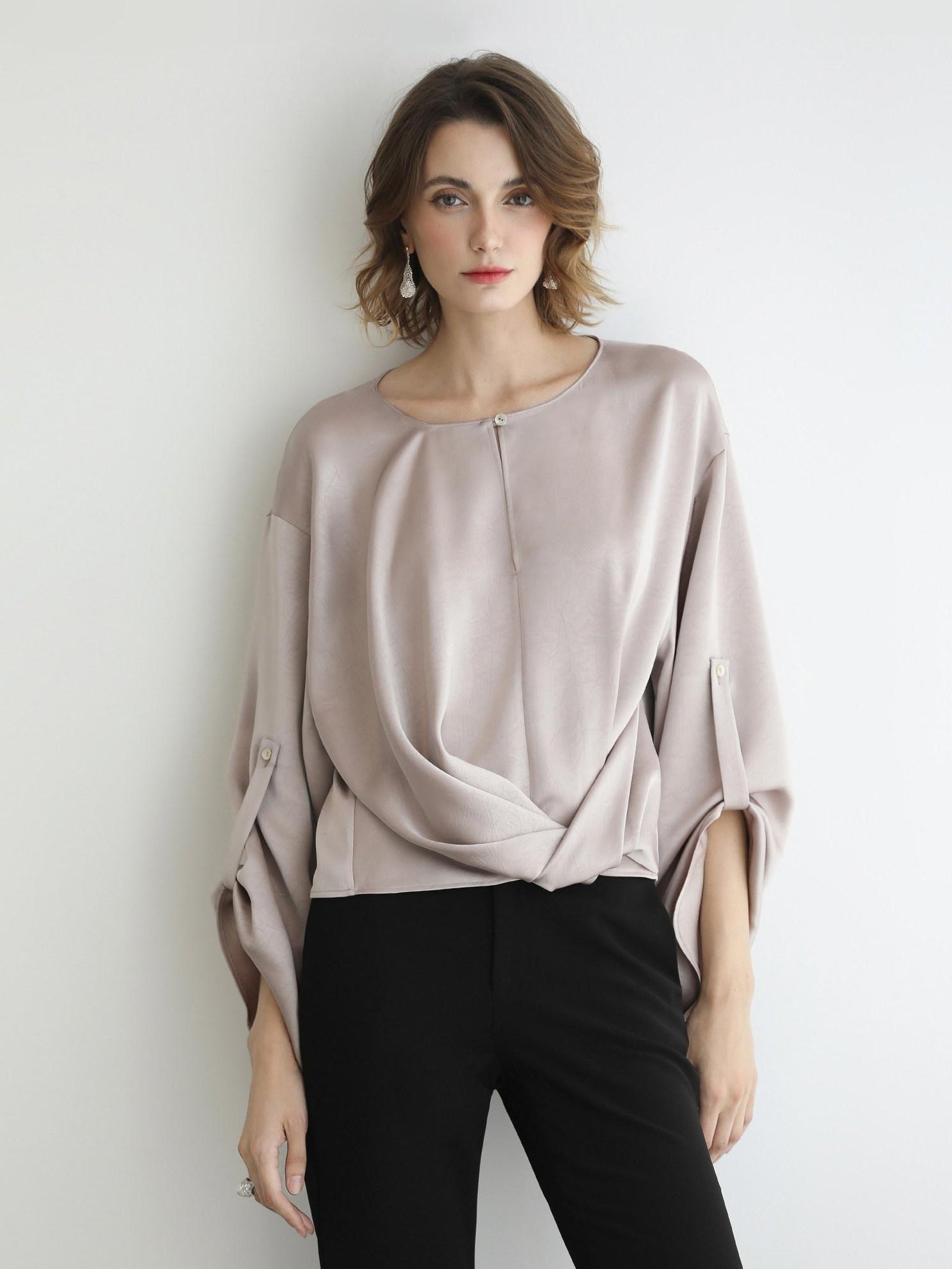 COCOBELLA Monet Pink Relaxed Button Flare Long Sleeve Office Crew Solid Pullover T-Shirts