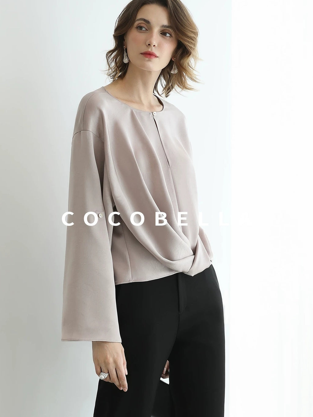 COCOBELLA Monet Pink Relaxed Button Flare Long Sleeve Office Crew Solid Pullover T-Shirts