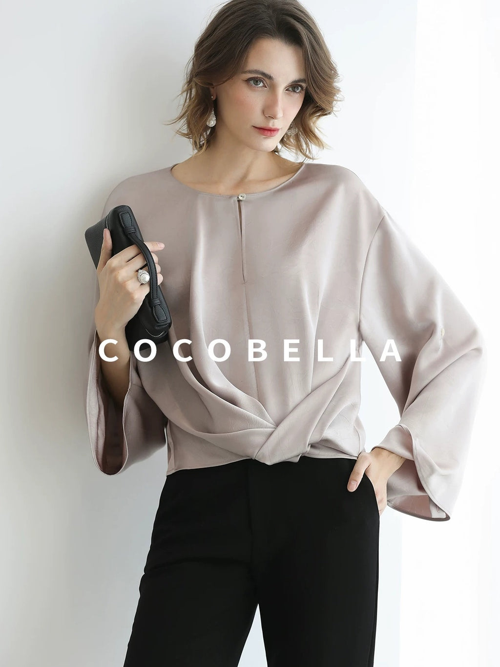COCOBELLA Monet Pink Relaxed Button Flare Long Sleeve Office Crew Solid Pullover T-Shirts