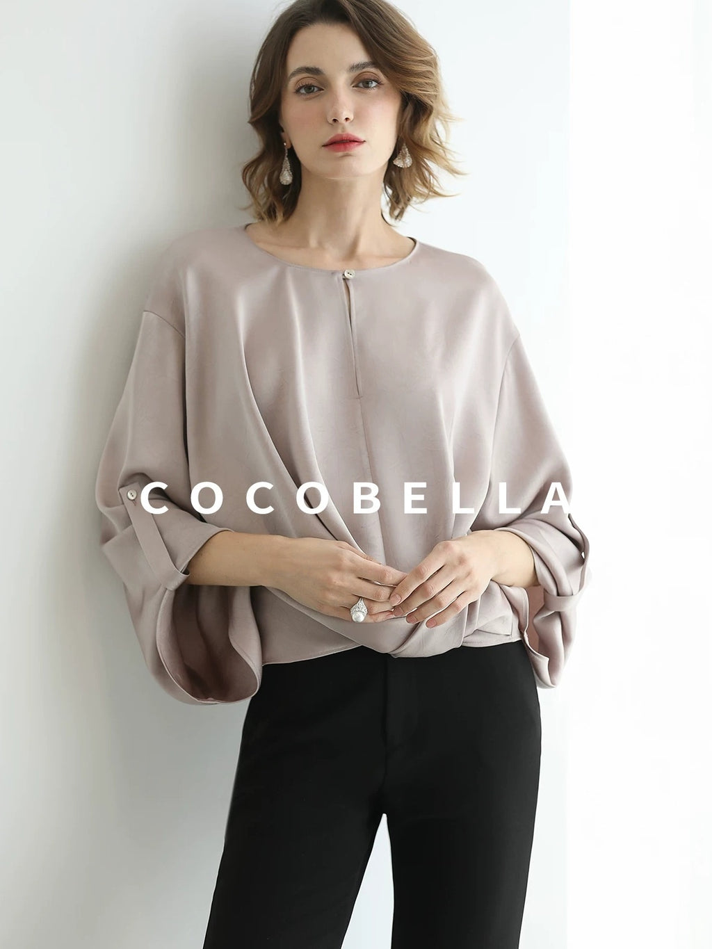 COCOBELLA Monet Pink Relaxed Button Flare Long Sleeve Office Crew Solid Pullover T-Shirts