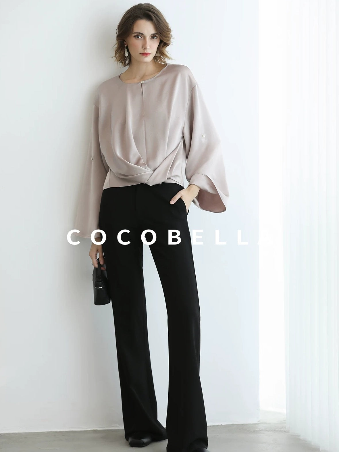COCOBELLA Monet Pink Relaxed Button Flare Long Sleeve Office Crew Solid Pullover T-Shirts