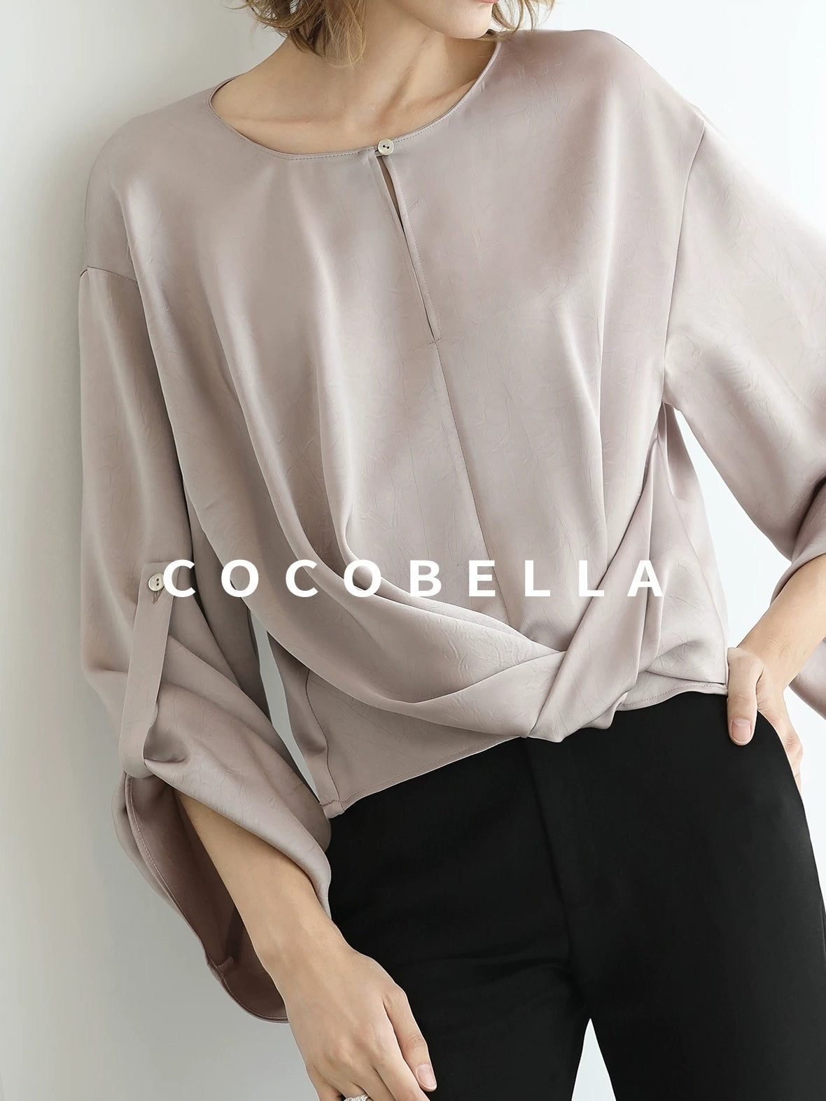 COCOBELLA Monet Pink Relaxed Button Flare Long Sleeve Office Crew Solid Pullover T-Shirts