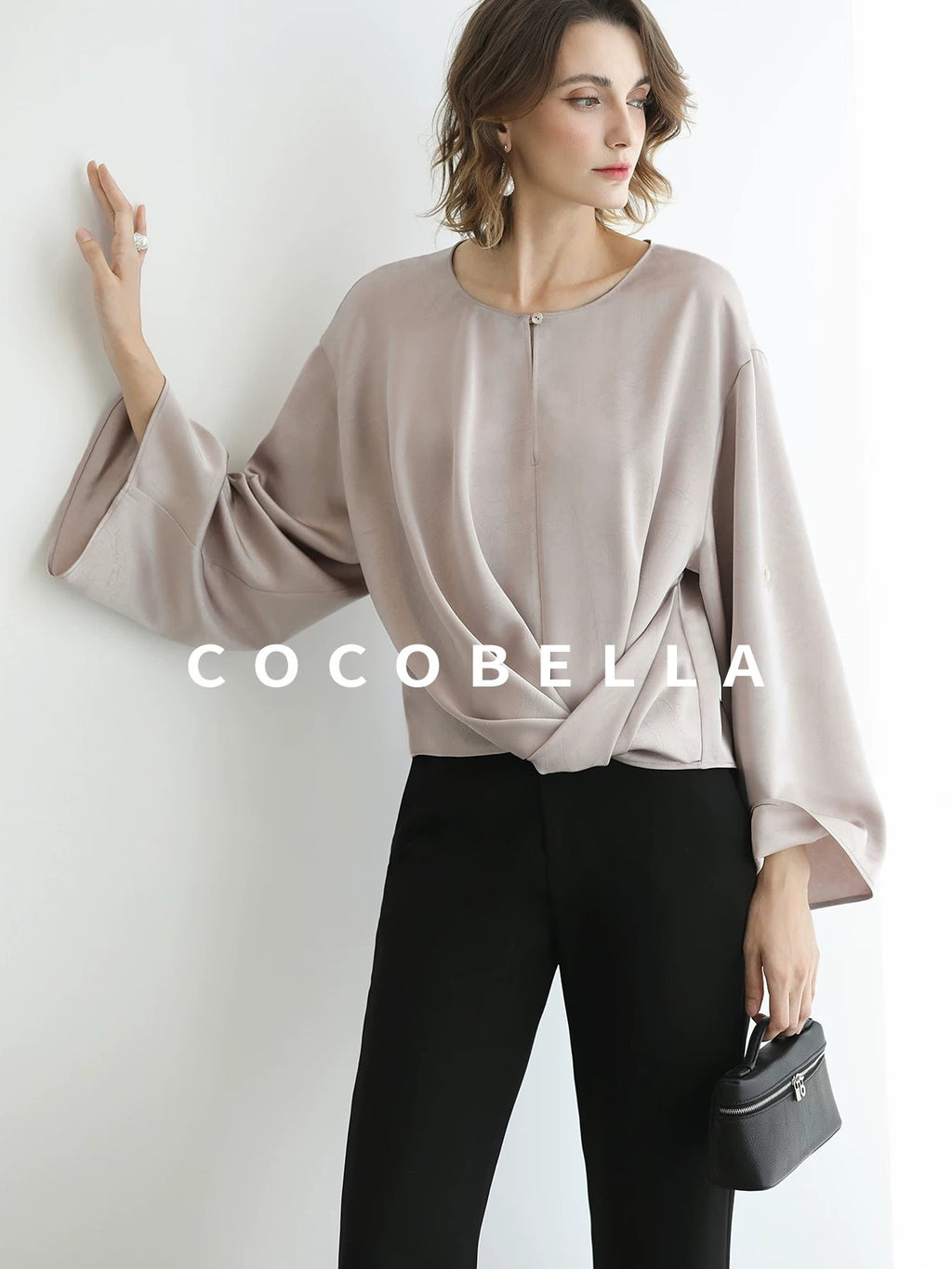 COCOBELLA Monet Pink Relaxed Button Flare Long Sleeve Office Crew Solid Pullover T-Shirts