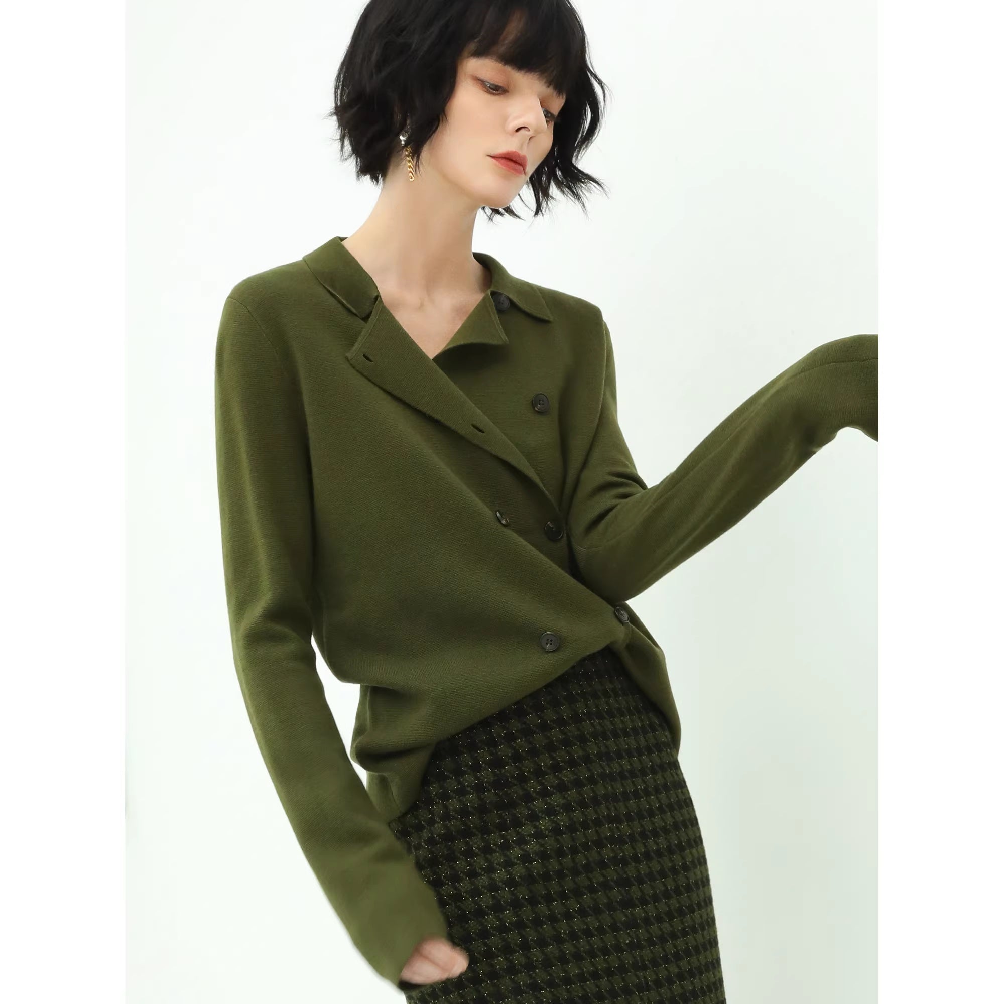 COCOBELLA_Olive_Green_Double_Breasted_Cardigan_Straight_Fit_Commuter_Womens_Knit_Sweater_MISSTT