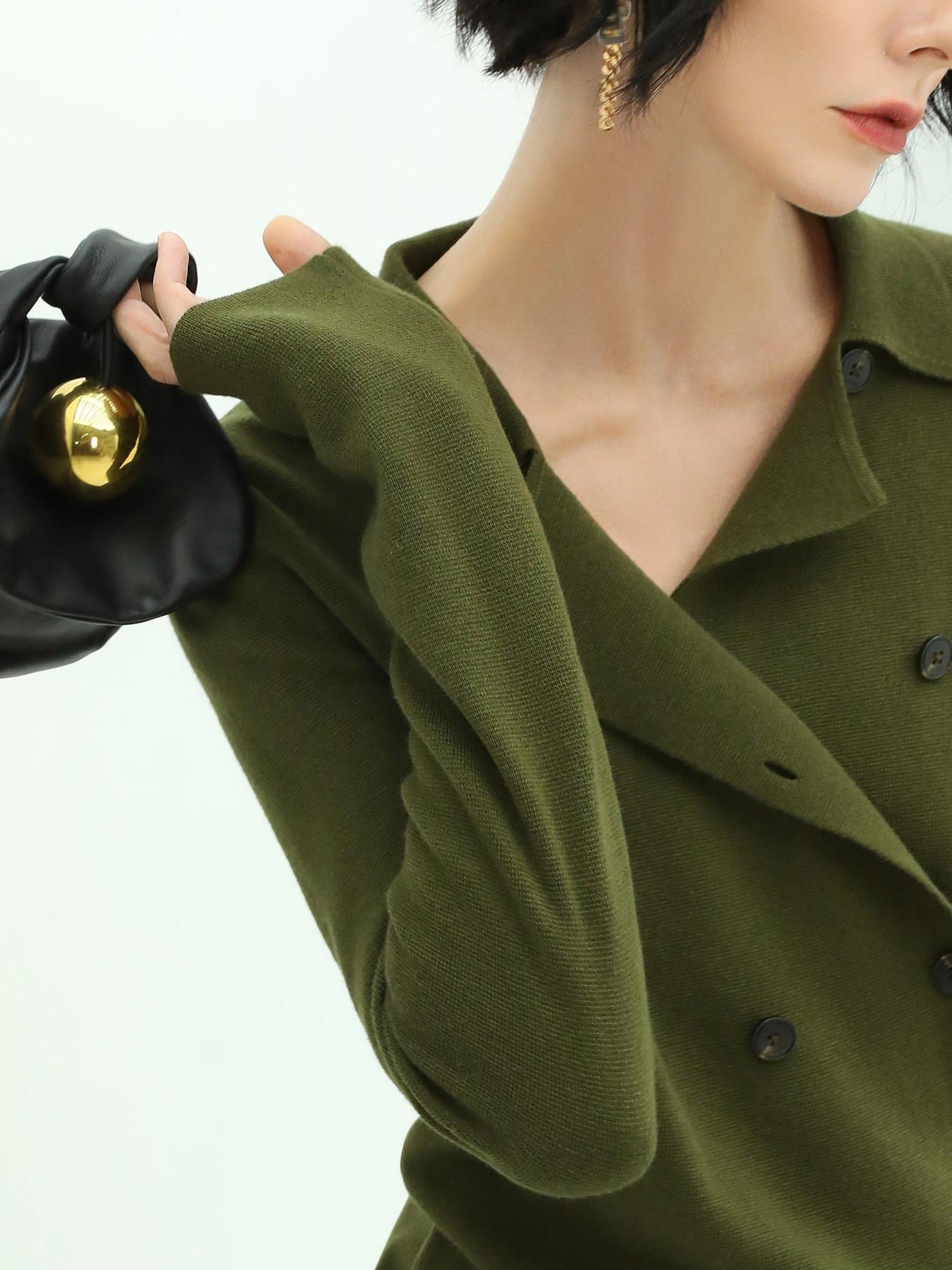 COCOBELLA Olive Green Double Breasted Cardigan Straight Fit Commuter Womens Knit Sweater