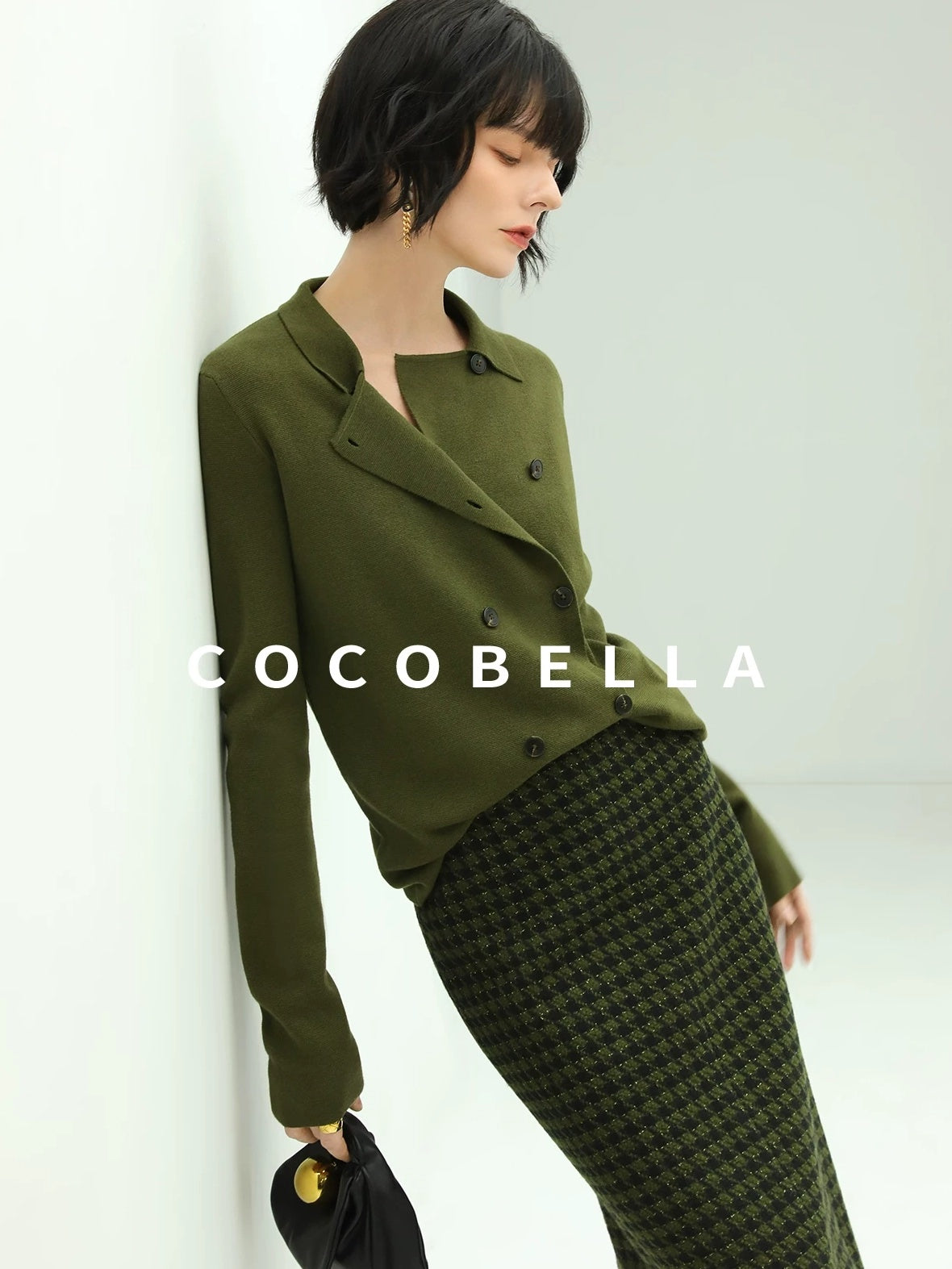 COCOBELLA Olive Green Double Breasted Cardigan Straight Fit Commuter Womens Knit Sweater