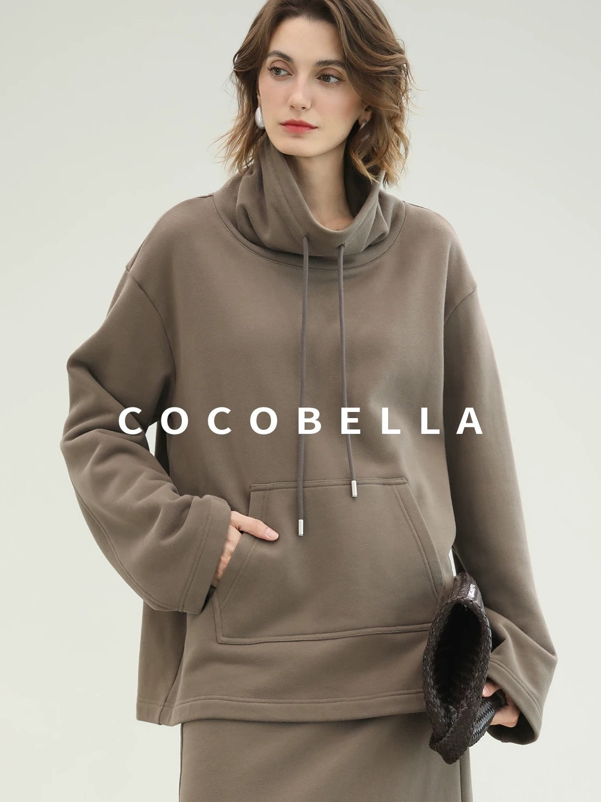 COCOBELLA Oversized Drawstring Kangaroo Pocket High Neck Pullover Casual Women Sweatshirts