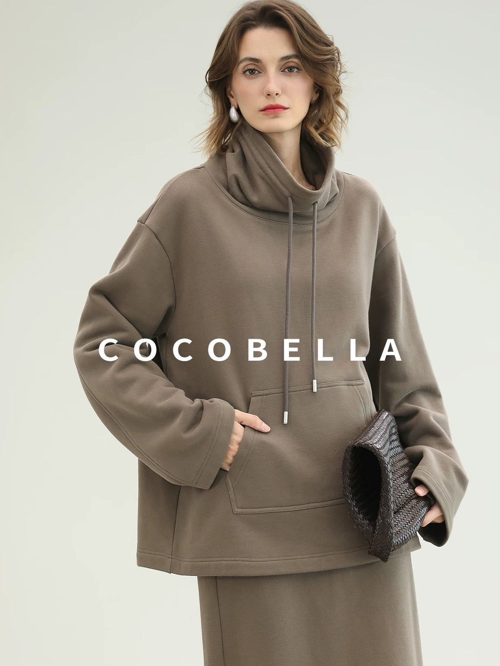 COCOBELLA Oversized Drawstring Kangaroo Pocket High Neck Pullover Casual Women Sweatshirts