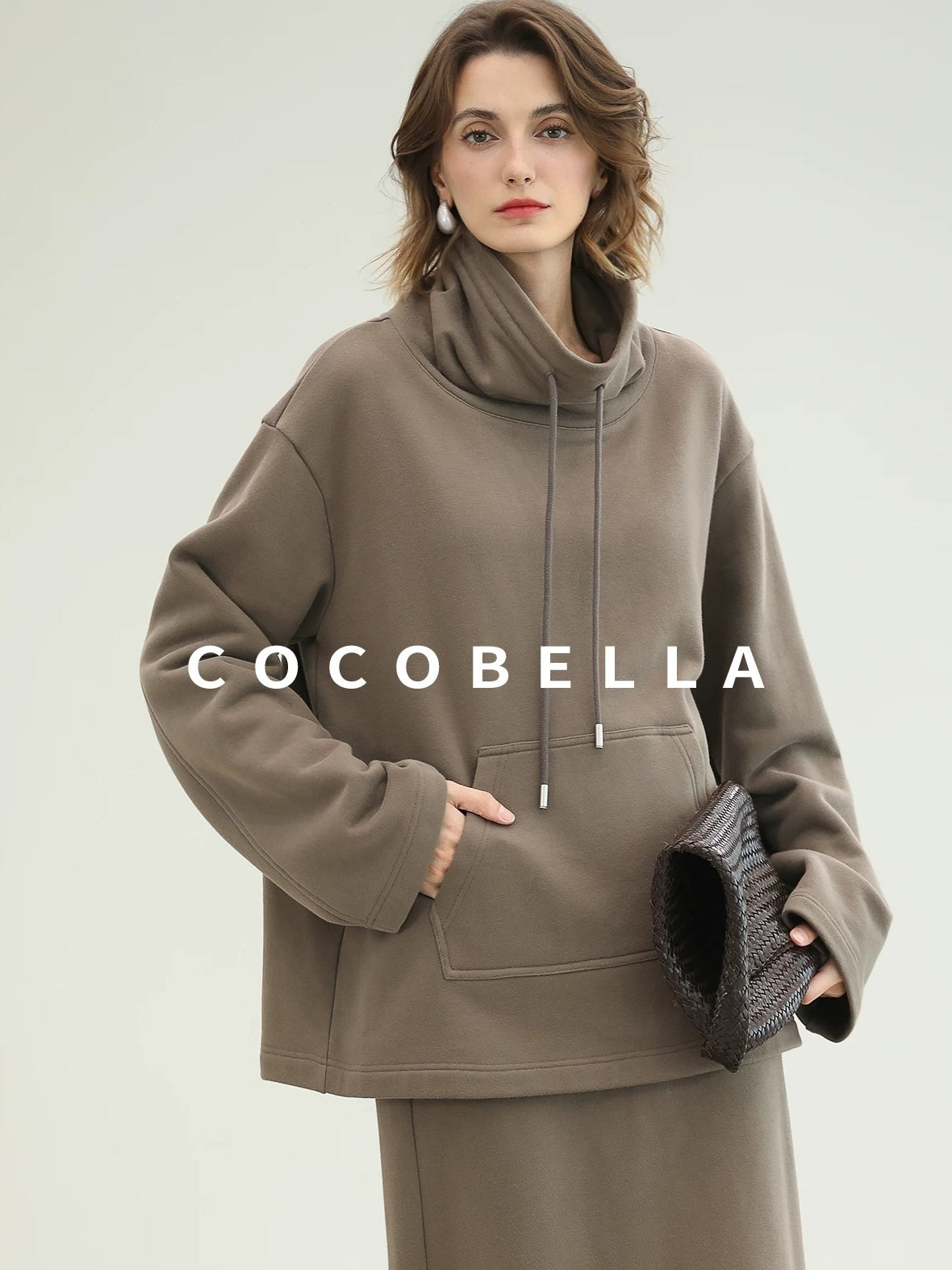 COCOBELLA Oversized Drawstring Kangaroo Pocket High Neck Pullover Casual Women Sweatshirts