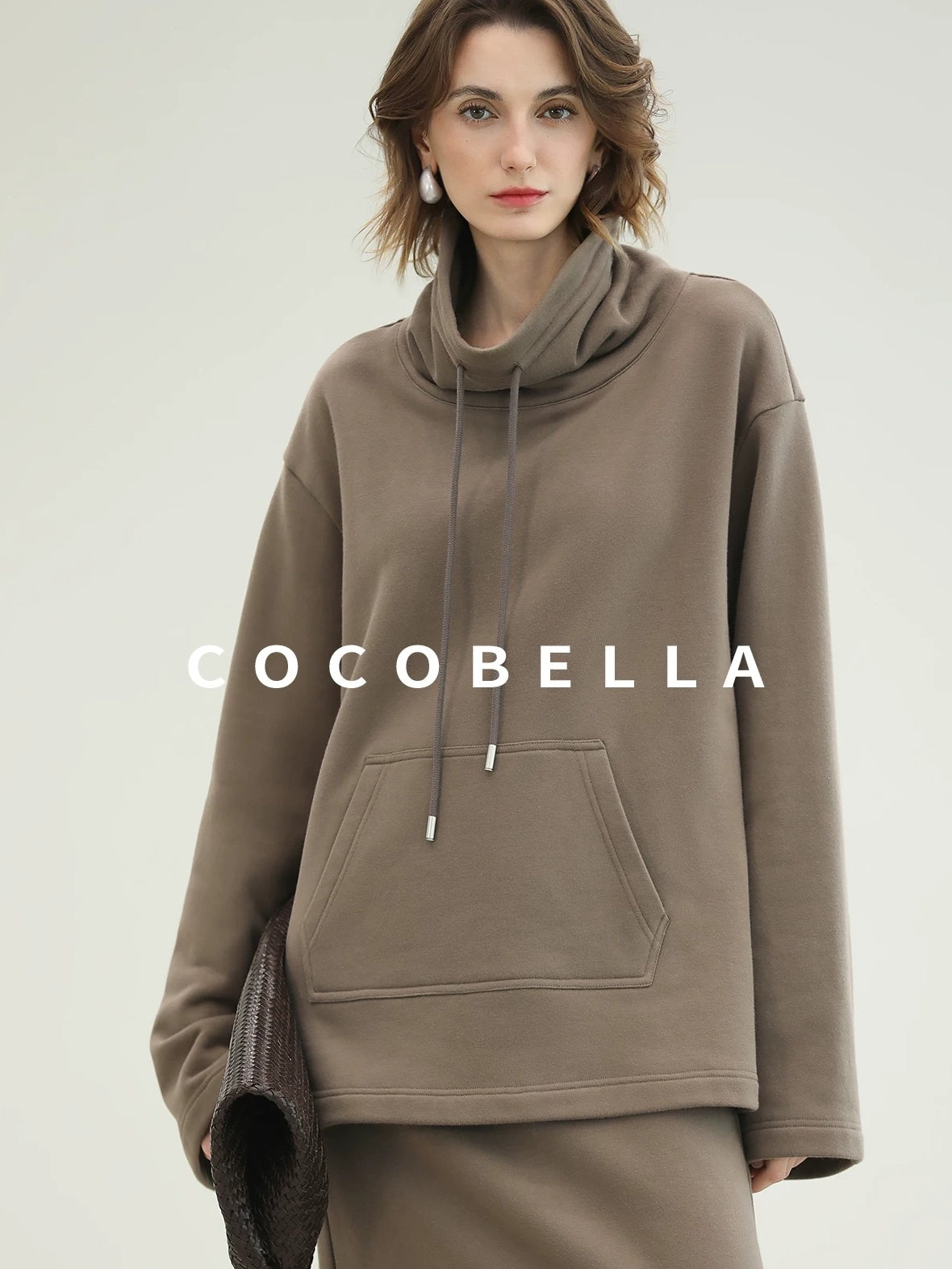 COCOBELLA Oversized Drawstring Kangaroo Pocket High Neck Pullover Casual Women Sweatshirts