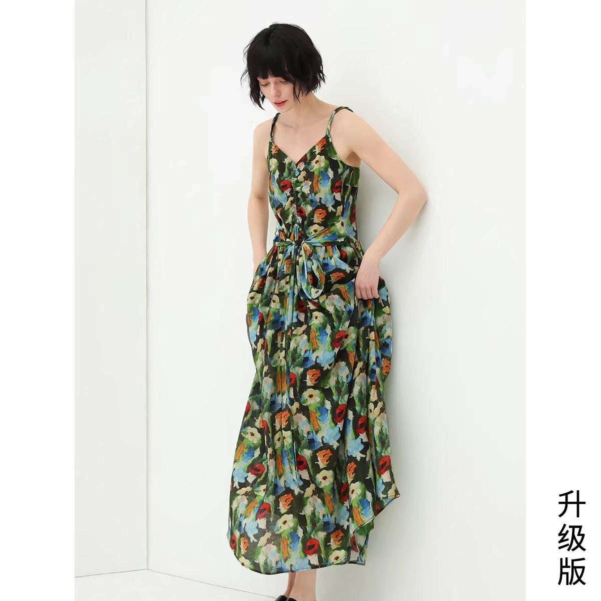 COCOBELLA_Painterly_Floral_V_Neck_Ruched_Tie_Strap_A_Line_Women_Work_Slip_Dresses_MISSTT