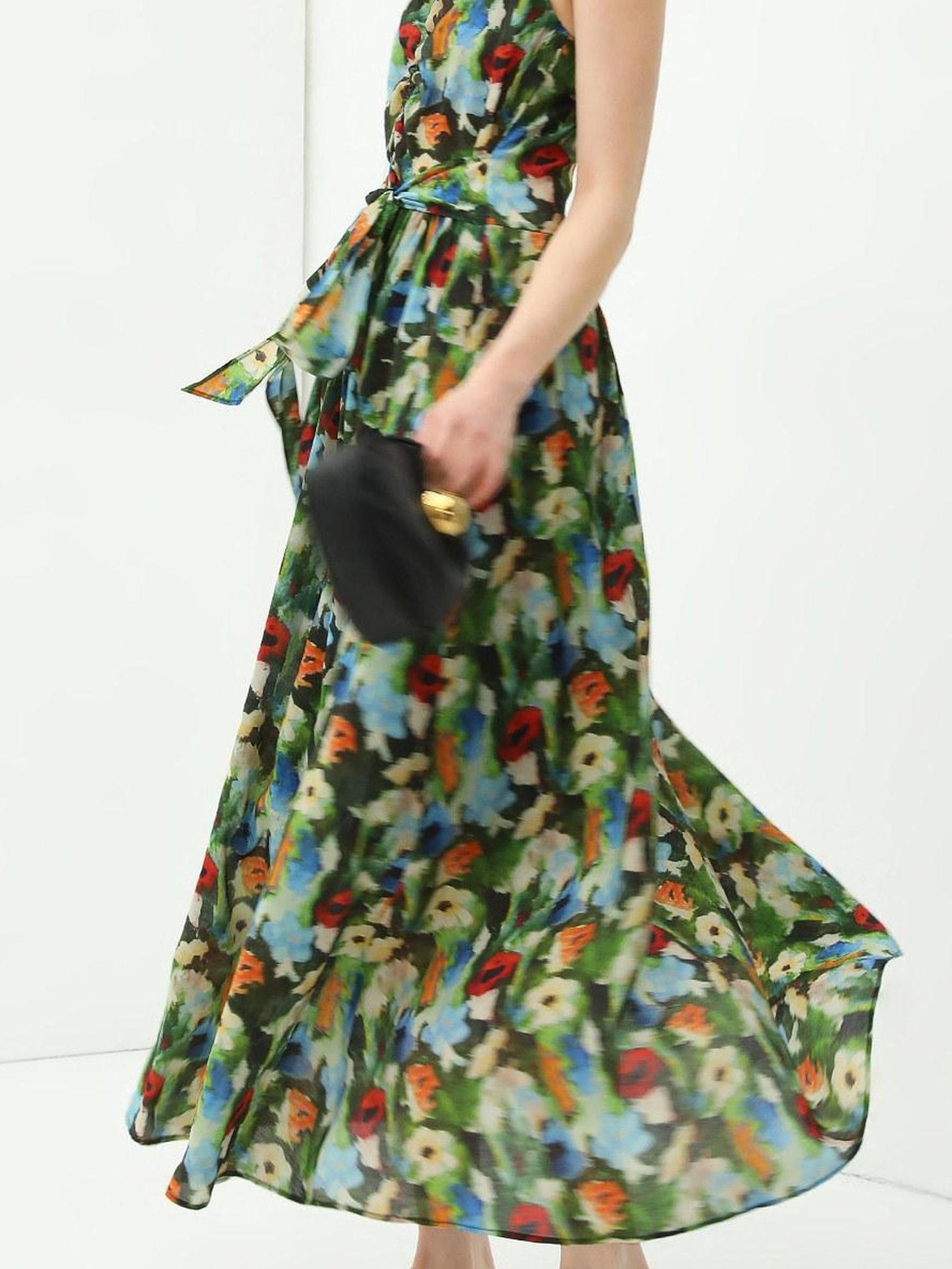 COCOBELLA Painterly Floral V Neck Ruched Tie Strap A Line Women Work Slip Dresses