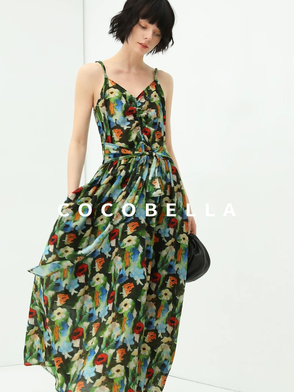 COCOBELLA Painterly Floral V Neck Ruched Tie Strap A Line Women Work Slip Dresses