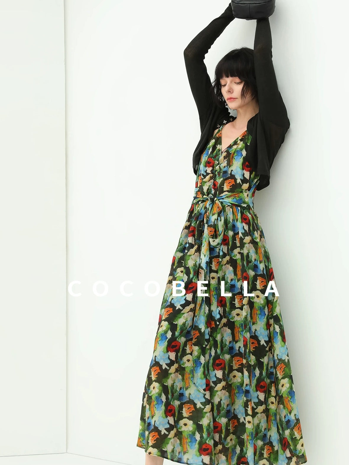 COCOBELLA Painterly Floral V Neck Ruched Tie Strap A Line Women Work Slip Dresses