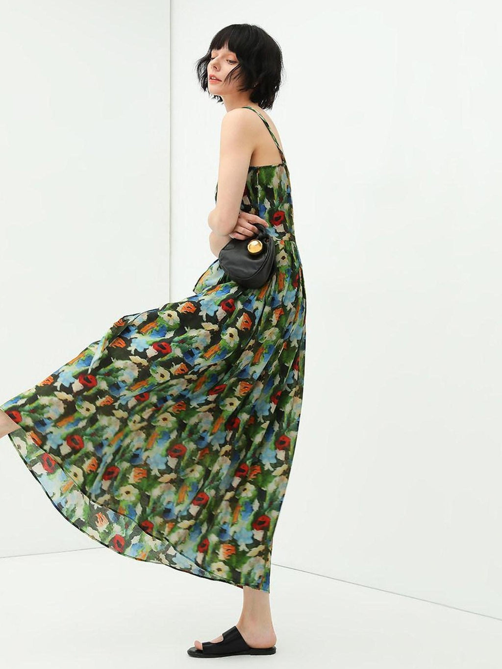 COCOBELLA Painterly Floral V Neck Ruched Tie Strap A Line Women Work Slip Dresses