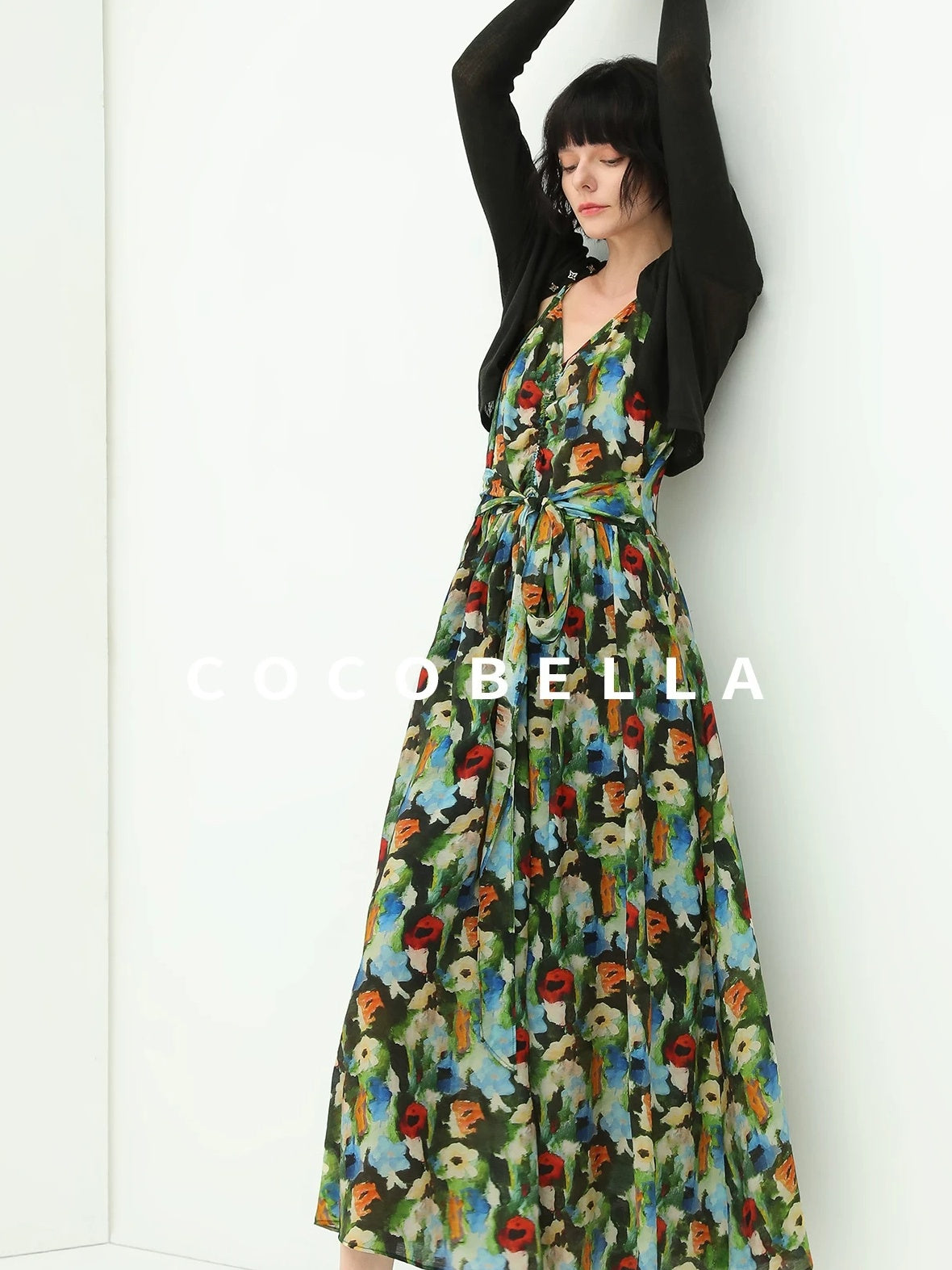 COCOBELLA Painterly Floral V Neck Ruched Tie Strap A Line Women Work Slip Dresses