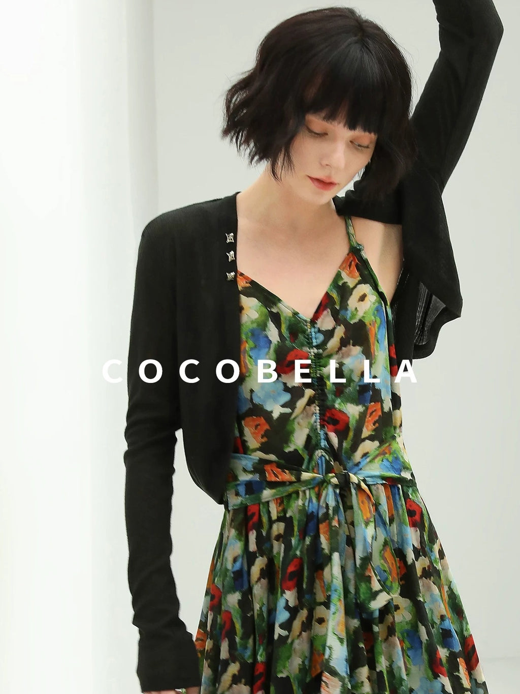 COCOBELLA Painterly Floral V Neck Ruched Tie Strap A Line Women Work Slip Dresses