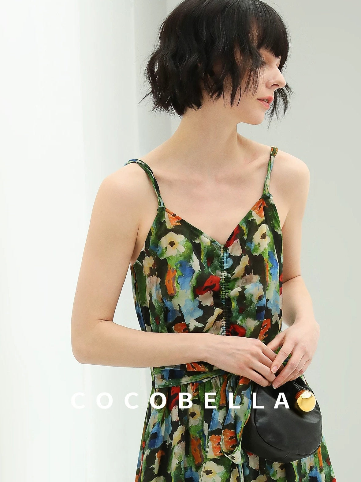 COCOBELLA Painterly Floral V Neck Ruched Tie Strap A Line Women Work Slip Dresses