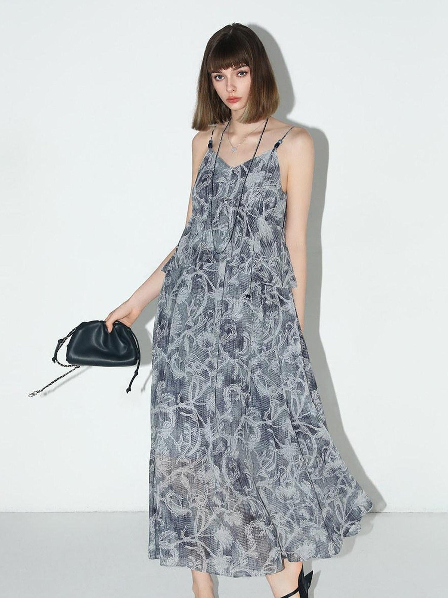 COCOBELLA Paisley Print Ruffle Trim Slip A Line V Neck Loose Waist Travel Dresses