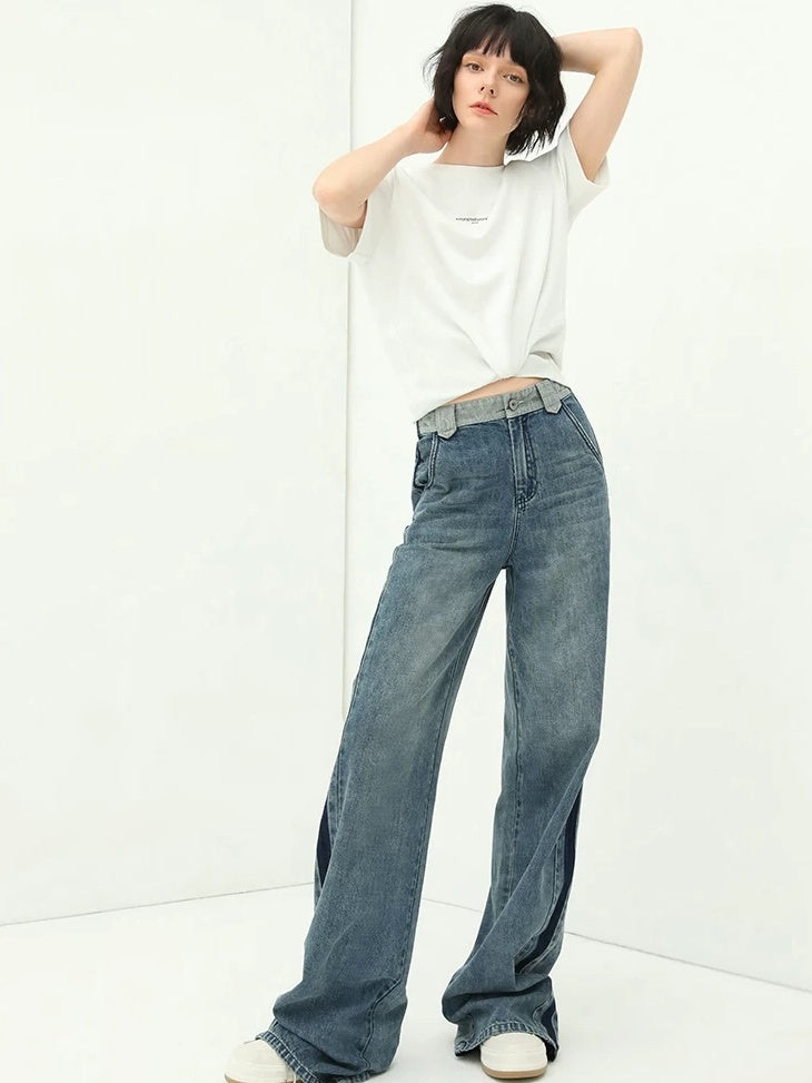 COCOBELLA Patchwork Denim Straight Leg Natural Waist Zipper Fly Women Jeans Pants