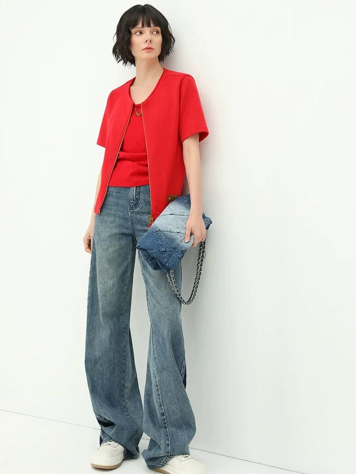 COCOBELLA Patchwork Denim Straight Leg Natural Waist Zipper Fly Women Jeans Pants