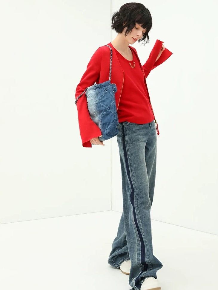 COCOBELLA Patchwork Denim Straight Leg Natural Waist Zipper Fly Women Jeans Pants