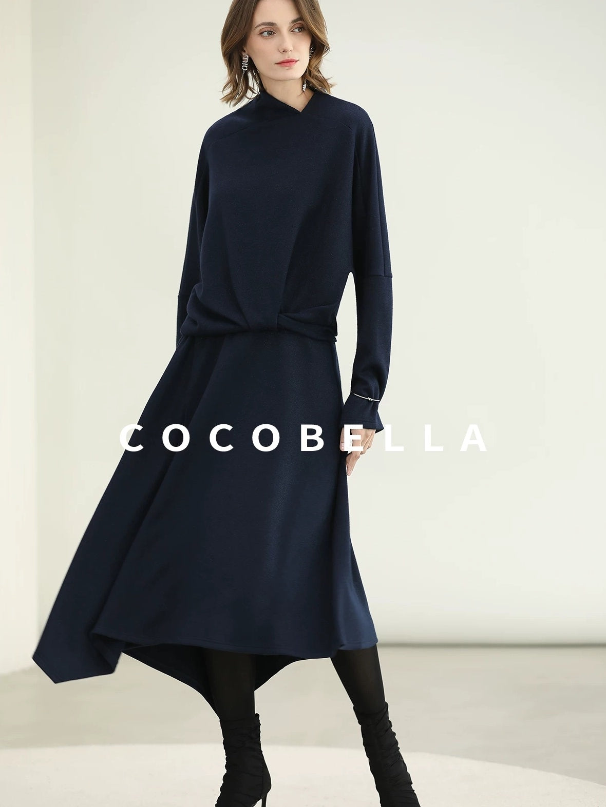 COCOBELLA Patchwork Knit Set Elegant Relaxed Fit Women Pullover Collar Sweater