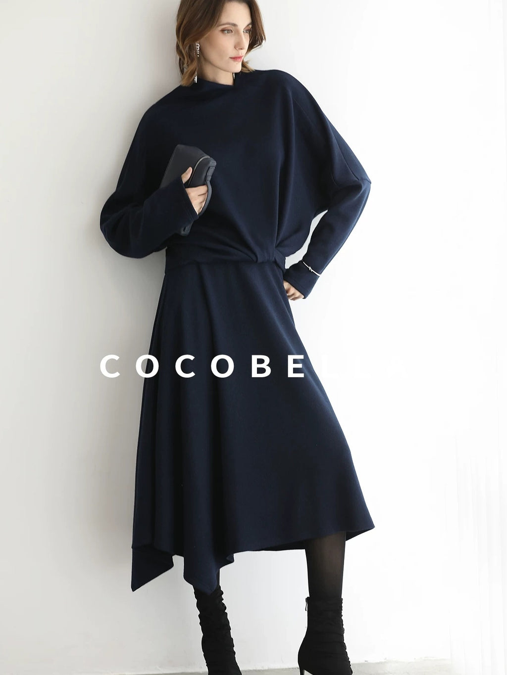 COCOBELLA Patchwork Knit Set Elegant Relaxed Fit Women Pullover Collar Sweater