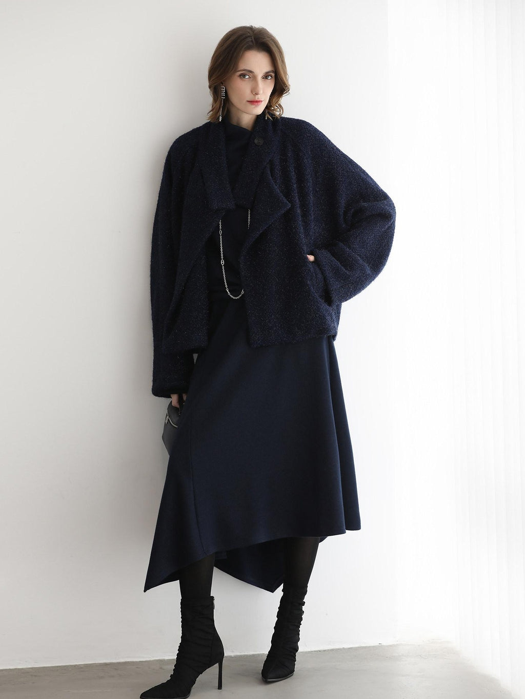 COCOBELLA Patchwork Knit Set Elegant Relaxed Fit Women Pullover Collar Sweater