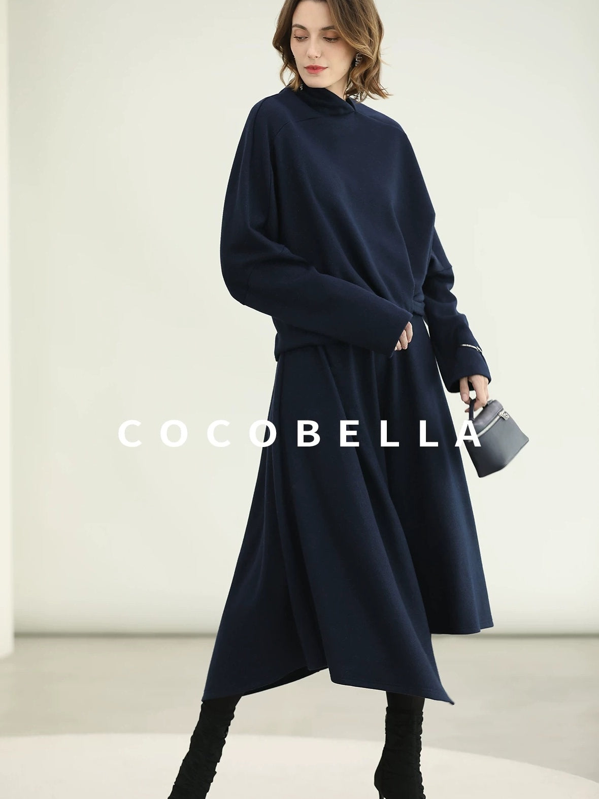 COCOBELLA Patchwork Knit Set Elegant Relaxed Fit Women Pullover Collar Sweater