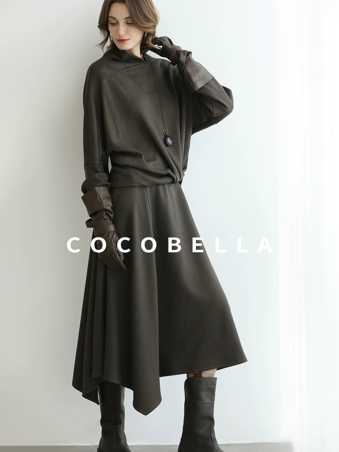 COCOBELLA Patchwork Knit Two Piece Set Stand Collar Long Sleeve Loose Fit Women Sweater