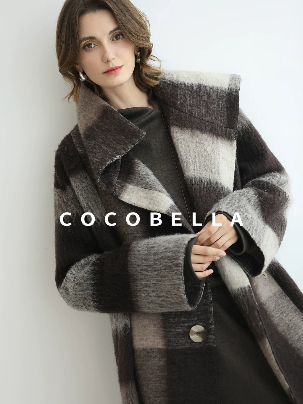 COCOBELLA Patchwork Knit Two Piece Set Stand Collar Long Sleeve Loose Fit Women Sweater