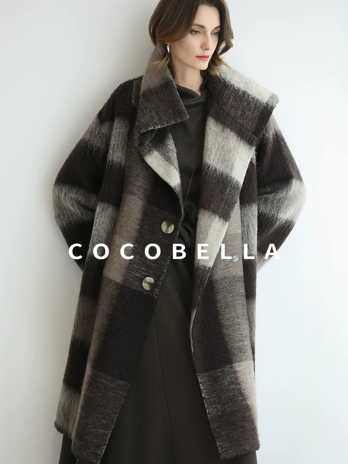 COCOBELLA Patchwork Knit Two Piece Set Stand Collar Long Sleeve Loose Fit Women Sweater