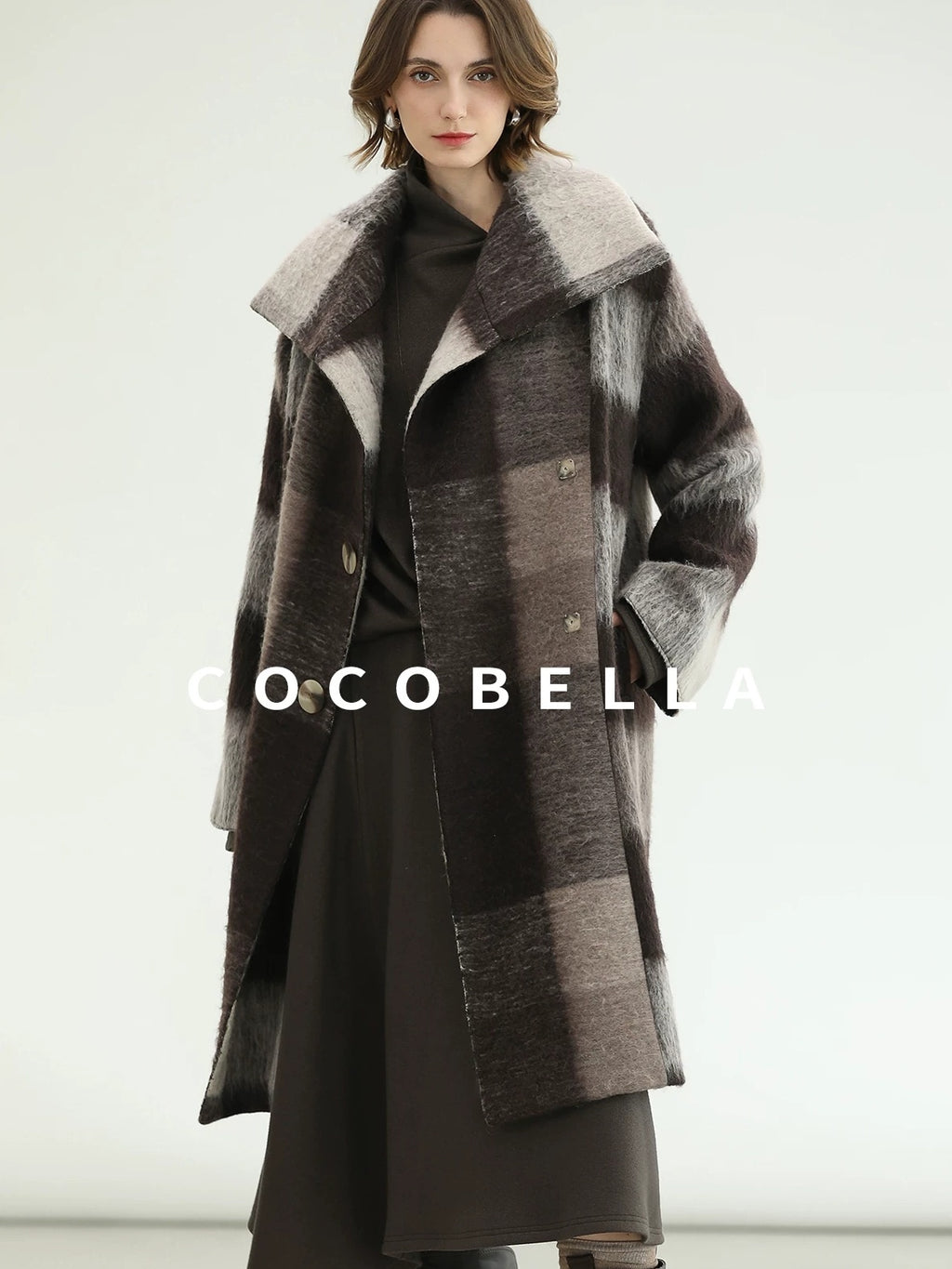 COCOBELLA Patchwork Knit Two Piece Set Stand Collar Long Sleeve Loose Fit Women Sweater