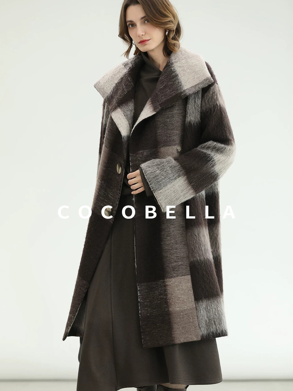 COCOBELLA Patchwork Knit Two Piece Set Stand Collar Long Sleeve Loose Fit Women Sweater