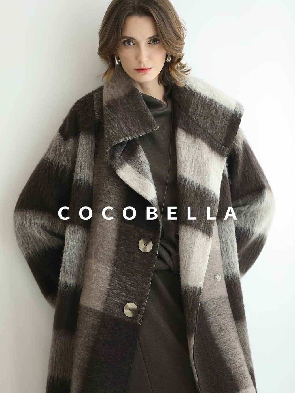 COCOBELLA Patchwork Knit Two Piece Set Stand Collar Long Sleeve Loose Fit Women Sweater