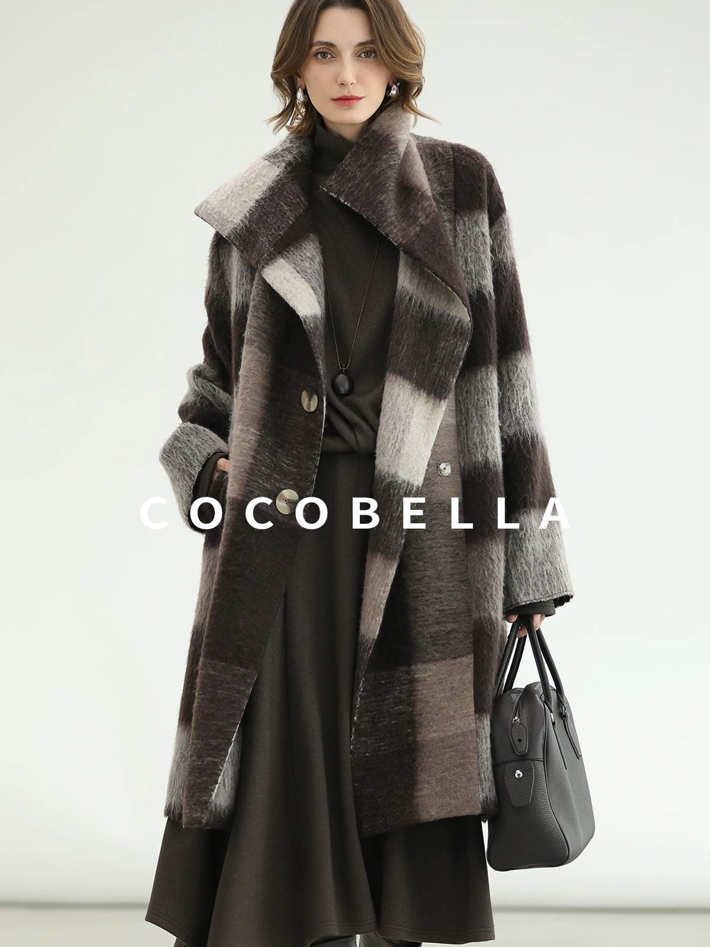 COCOBELLA Patchwork Knit Two Piece Set Stand Collar Long Sleeve Loose Fit Women Sweater