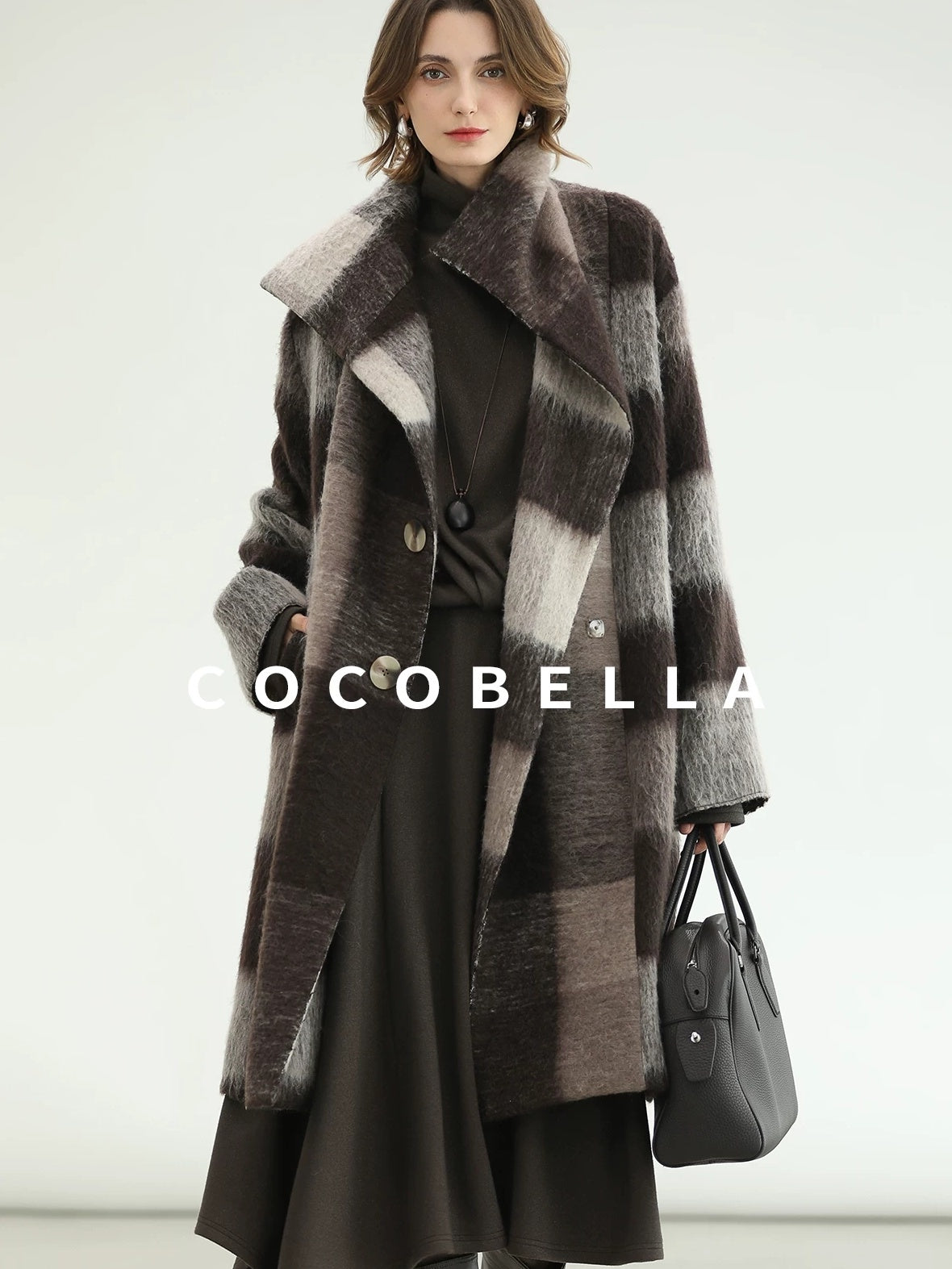 COCOBELLA Patchwork Knit Two Piece Set Stand Collar Long Sleeve Loose Fit Women Sweater