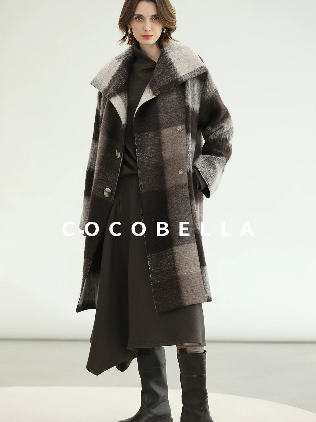 COCOBELLA Patchwork Knit Two Piece Set Stand Collar Long Sleeve Loose Fit Women Sweater