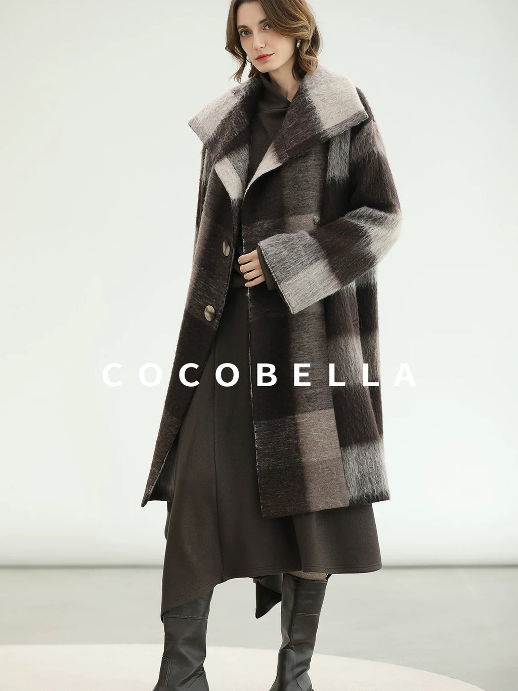 COCOBELLA Patchwork Knit Two Piece Set Stand Collar Long Sleeve Loose Fit Women Sweater