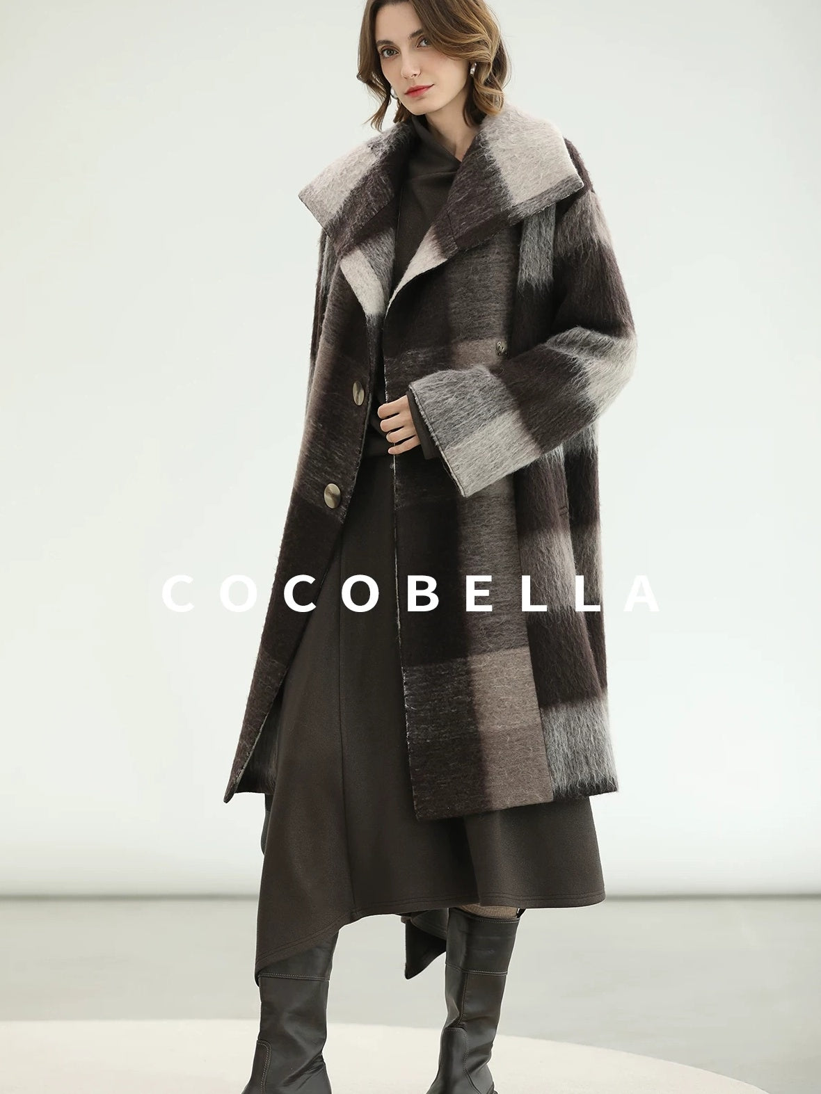 COCOBELLA Patchwork Knit Two Piece Set Stand Collar Long Sleeve Loose Fit Women Sweater